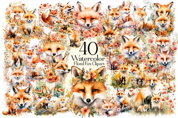 Download Watercolor Floral Foxes Clipart - Foxes Collection